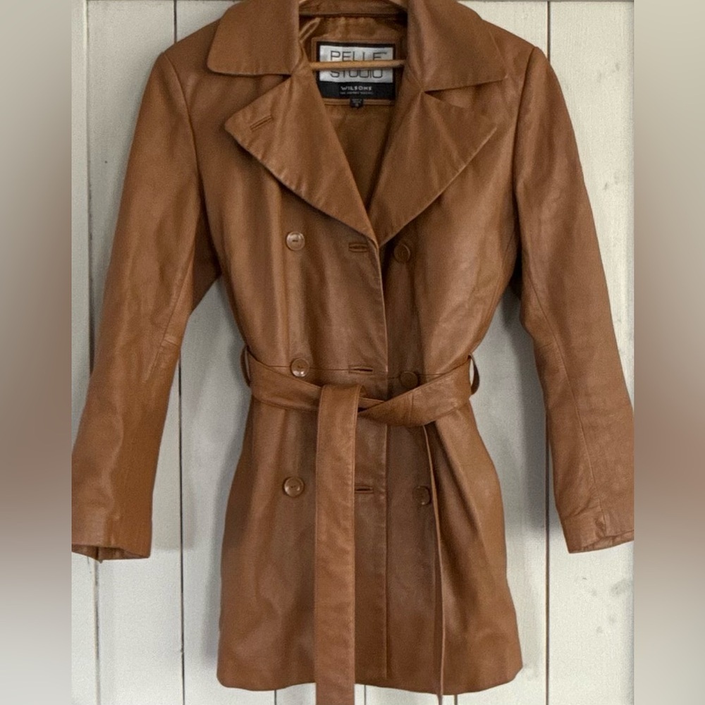 Vintage Wilson Pelle Studio Tan Leather Double-Breasted Trench Coat